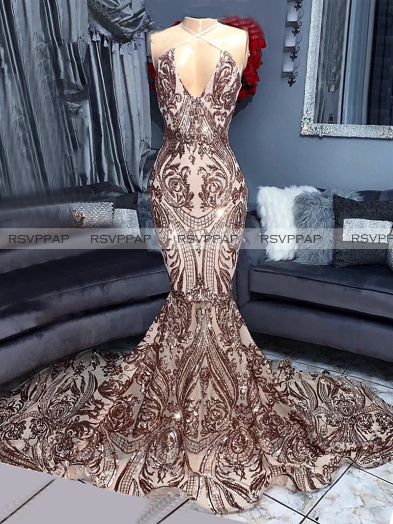 Великолепные розовые Золотые Длинные Выпускные платья 2020 Холтер Русалка