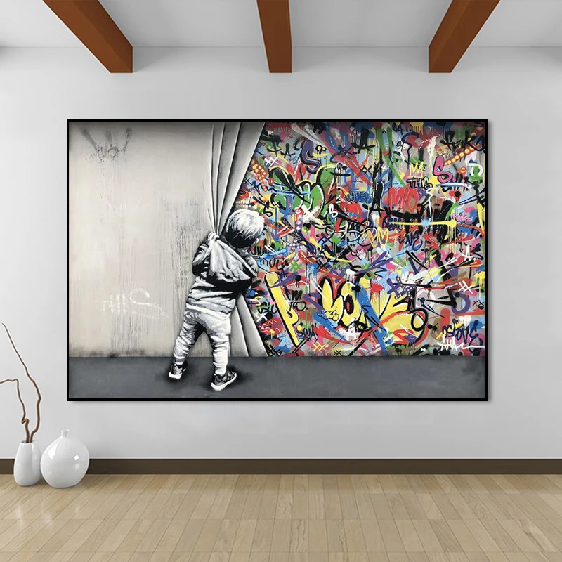 

Kids Lover Behind The Curtain Graffiti Art Paintings on The Wall Art Posters and Prints Modern Street Art Pictures Home Decor