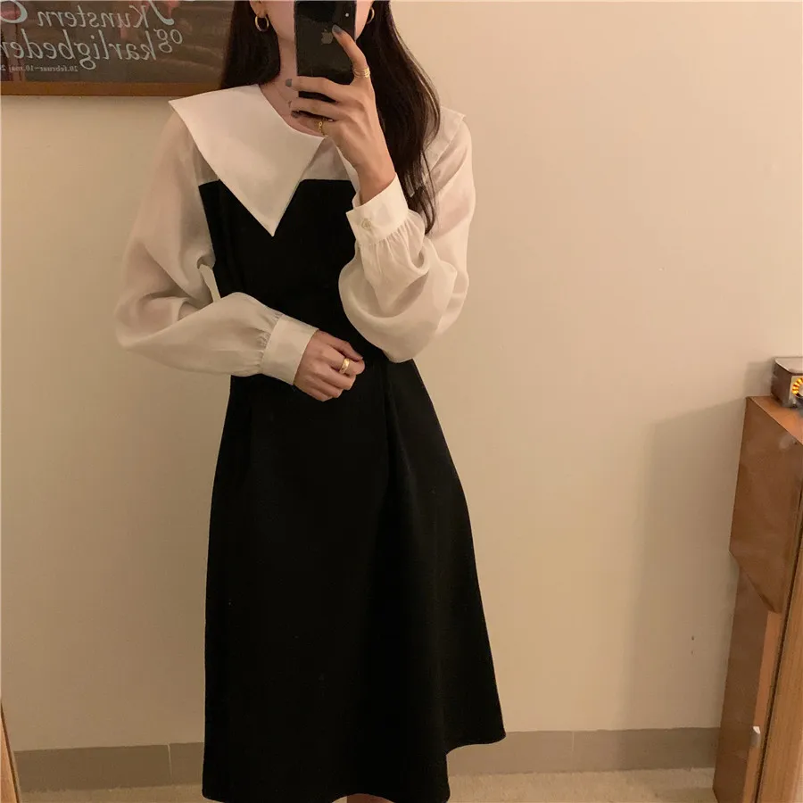 

HziriP 2021 New Arrival Spring Autumn Women Dresses Korean Style Elegant Vintage Lapel Long Sleeve Maxi Dress Femme Vestidos