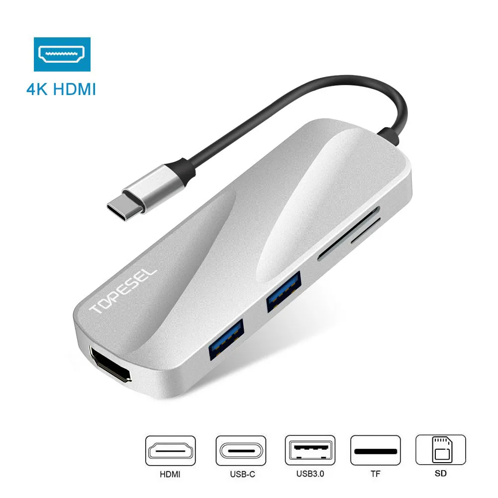 Адаптер USB C 6-в-1 с 4K HDMI зарядным портом PD 2 портами кардридером SD/TF Type-C для MacBo |