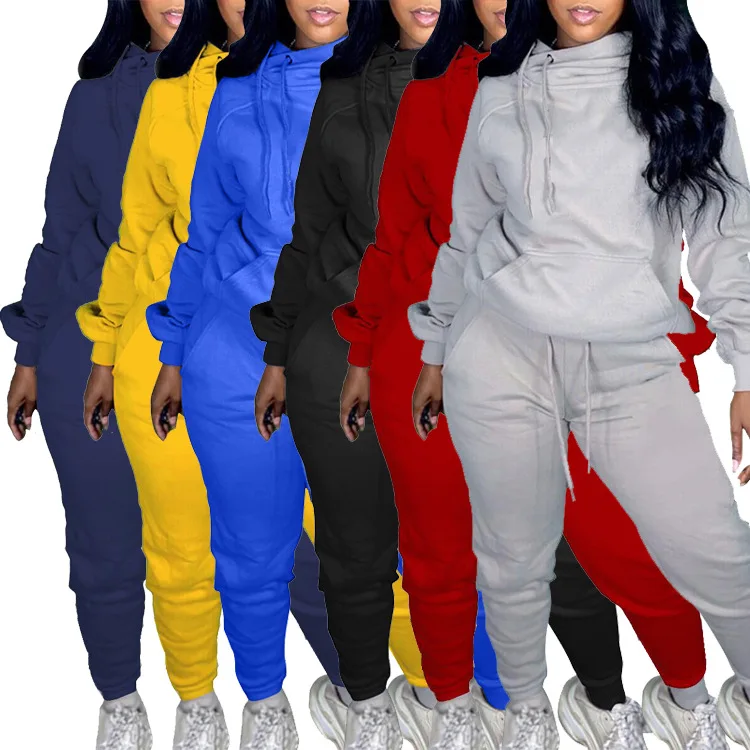 

41S66318 Autumn Winter Women Casual Fashion Oblique Collar Solid Color with Hood Sports Two Piece Set Hot