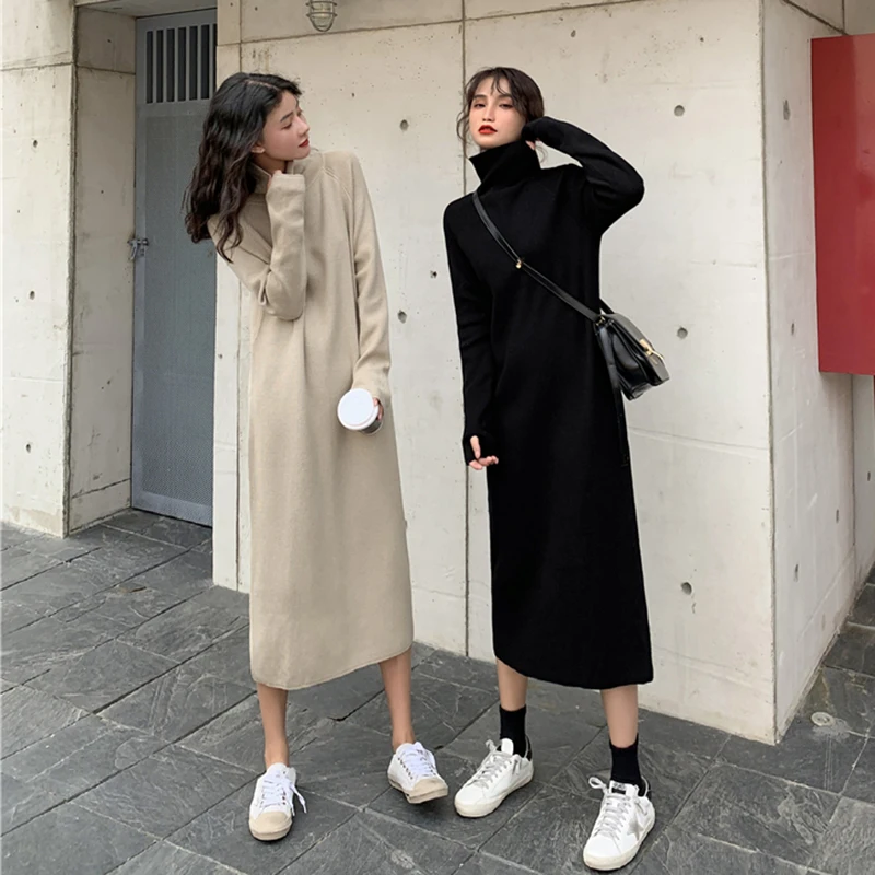 Женское вязаное платье-водолазка Harajuku черное свободное платье с длинным рукавом