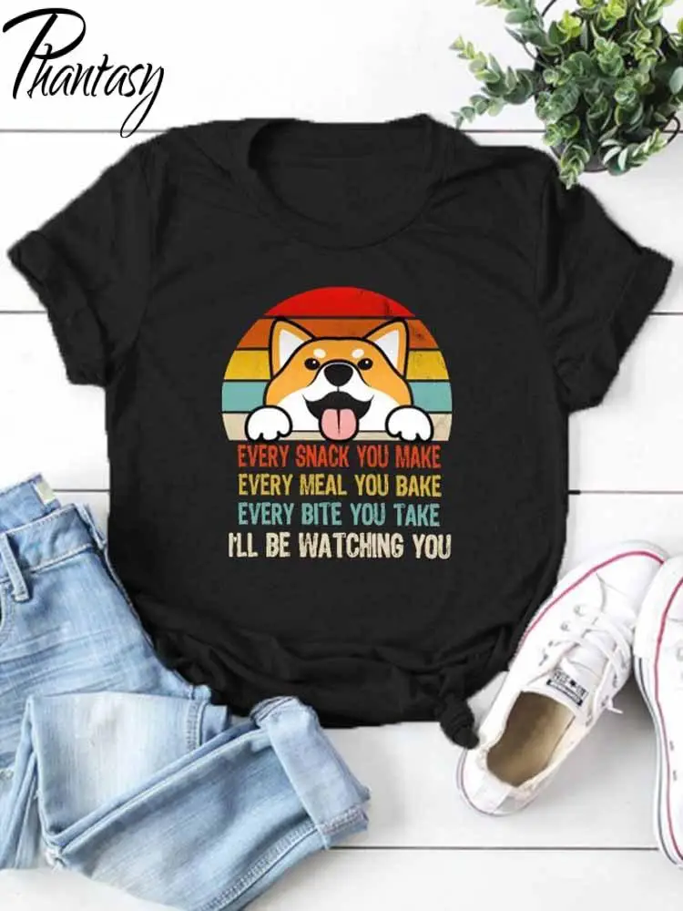 

Phantasy Cartoon Dog Printed T-Shirts Summer Casual Short Sleeve Letter Tees Street Slim Women's Clothing Fashion O-Neck Tops