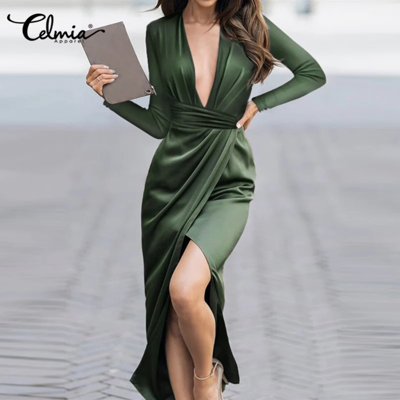

Celmia Long Sleeve Party Dress Split Hem Elegant Sexy Deep V-neck Bodycon Long Vestidos Casual 2021 Fashion Women Solid Dresses