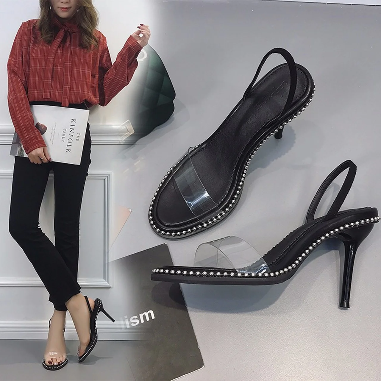 

Women's Sandals Slippers High Heels Summer Fashion Rivet Metal Bead Decorative Shoes Sexy Black Ladies Sandals 2022 New