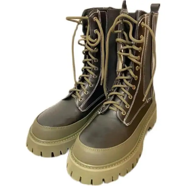 

Ботинки на толстой подошве, увеличивающие рост, шнуровка, круглый носок, платформа, Ретро стиль, ботинки до середины икры, ботинки в армейском стиле