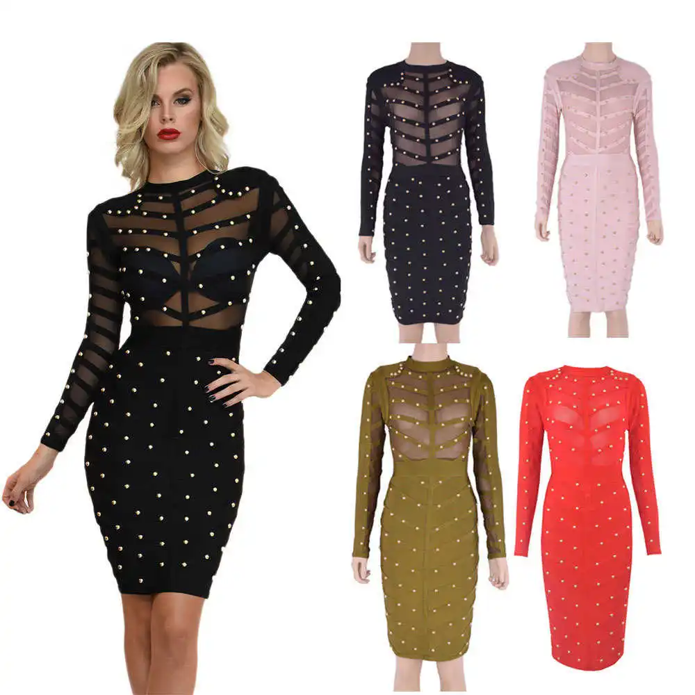 

2021 New Women Black Lace Bandage Dress Autumn Midi Long Sleeve Sexy Bead Club Celebrity Party Club Dresses Women's Sexy Skirt