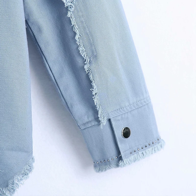 

WXWT Women Blue Tassel Decoration Jacket Coat Turn Down Collar Long Sleeve Female Casual Coat Loose Tops CC3207