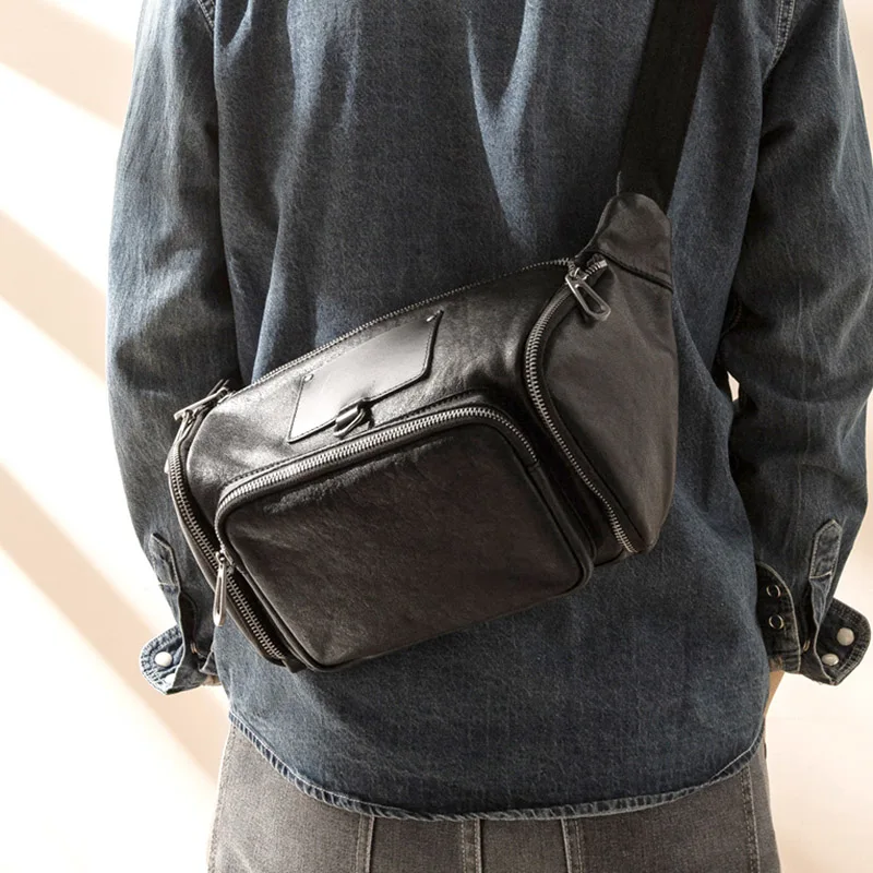 Leather men's messenger bag, first layer cowhide multifunctional chest bag, all-match trend shoulder bag