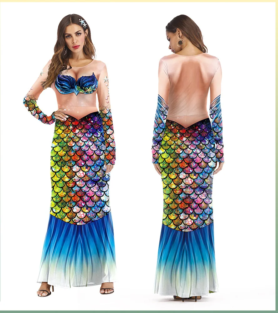 

Female Adult's Cosplay Costume for Party Fish Scale 3D Digital Printed O-neck Long Sleeves Long Dress
