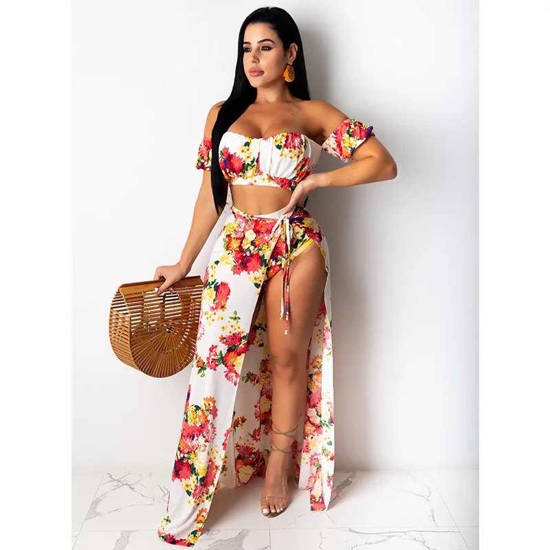 

Cover up skirt swimsuit two-piece crop top and long skirt set fashionable new floral elegant beach summer dress swimsuit women 2