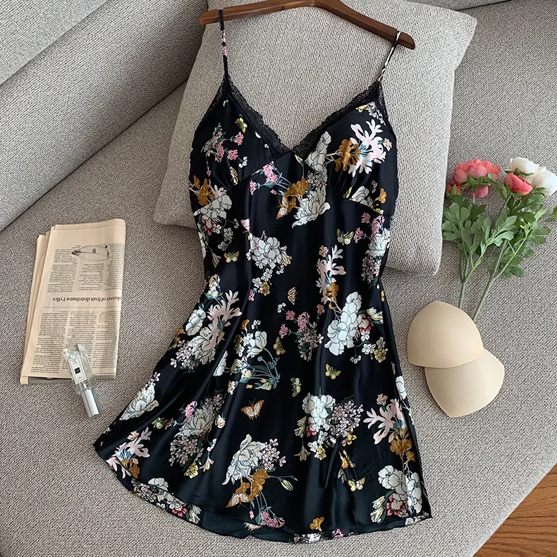 

2021 New Print Suspender Skirt Sleepwear Nightdress Silky Lady Spaghetti Strap Nightgown Satin Intimate Lingerie Home Clothes