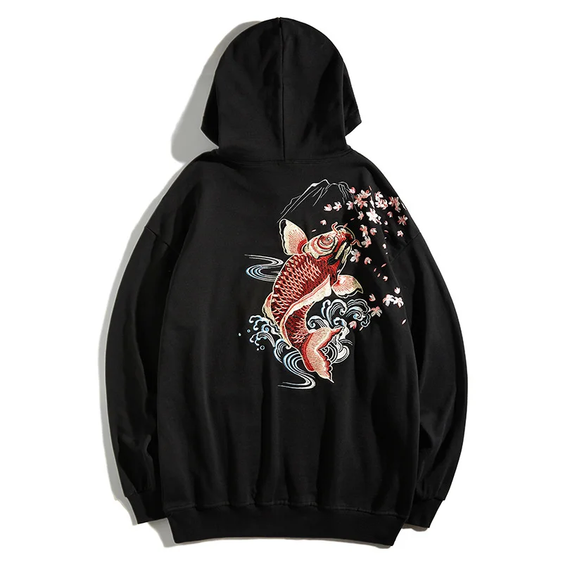 

Autumn Hooded Sweater Men's Koi Shun Embroidery Tide Brand Loose 320 G Cotton Couple Loose Bottomed Top