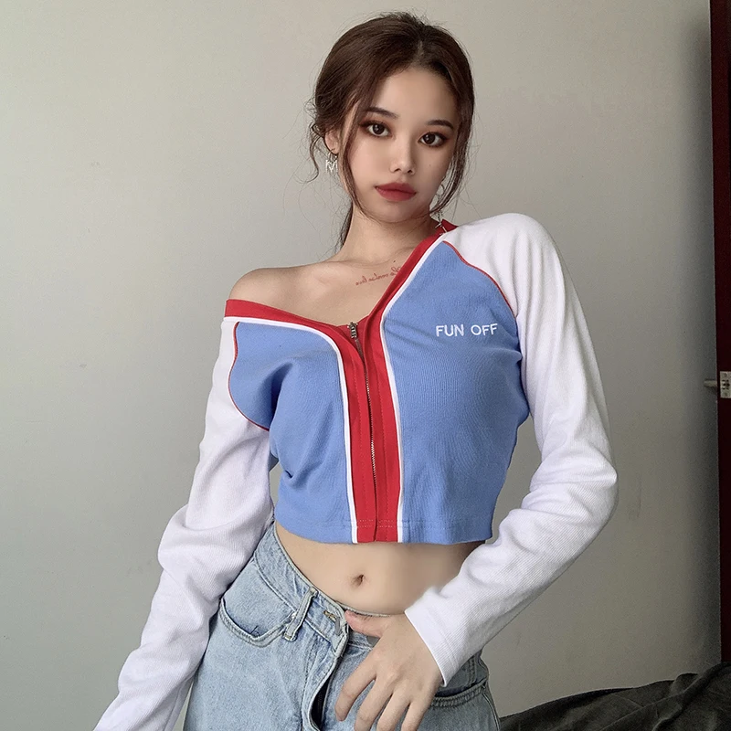 

Light Blue Red Collocation Zip Up V Neck Slim Women's Crop Tees Fashion Long Sleeve Hot Slim Letter Embroidery Women T-shirts