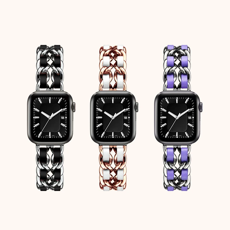 Ремешок из нержавеющей стали для Apple Watch 5 4 40 мм 44 браслет цепочка с кожаным