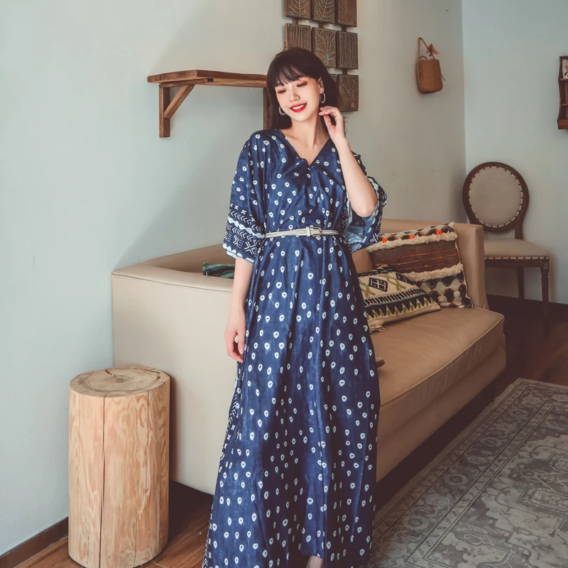 

2021 Newest Bohemia Arabian Clothes Women Batwing Sleeve Lace-Up Dot Floral Print Casual Vacation Loose Robe Femme Maxi Dresses