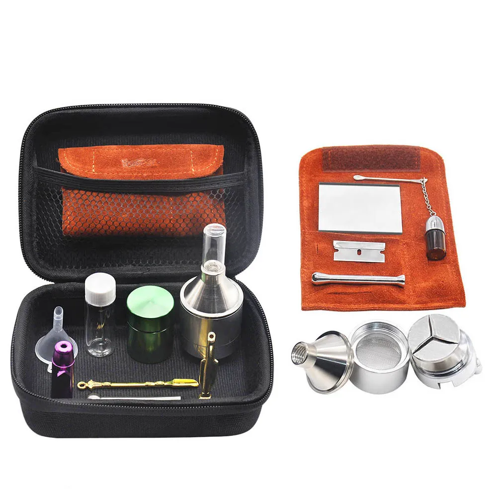 

Smoking Snuff Set Bag Sniffer Snorter Pipe Glass Pill Bottle Metal Stash Jar Tobacco Herb Grinder Snuff Spoon Storage Bag Set