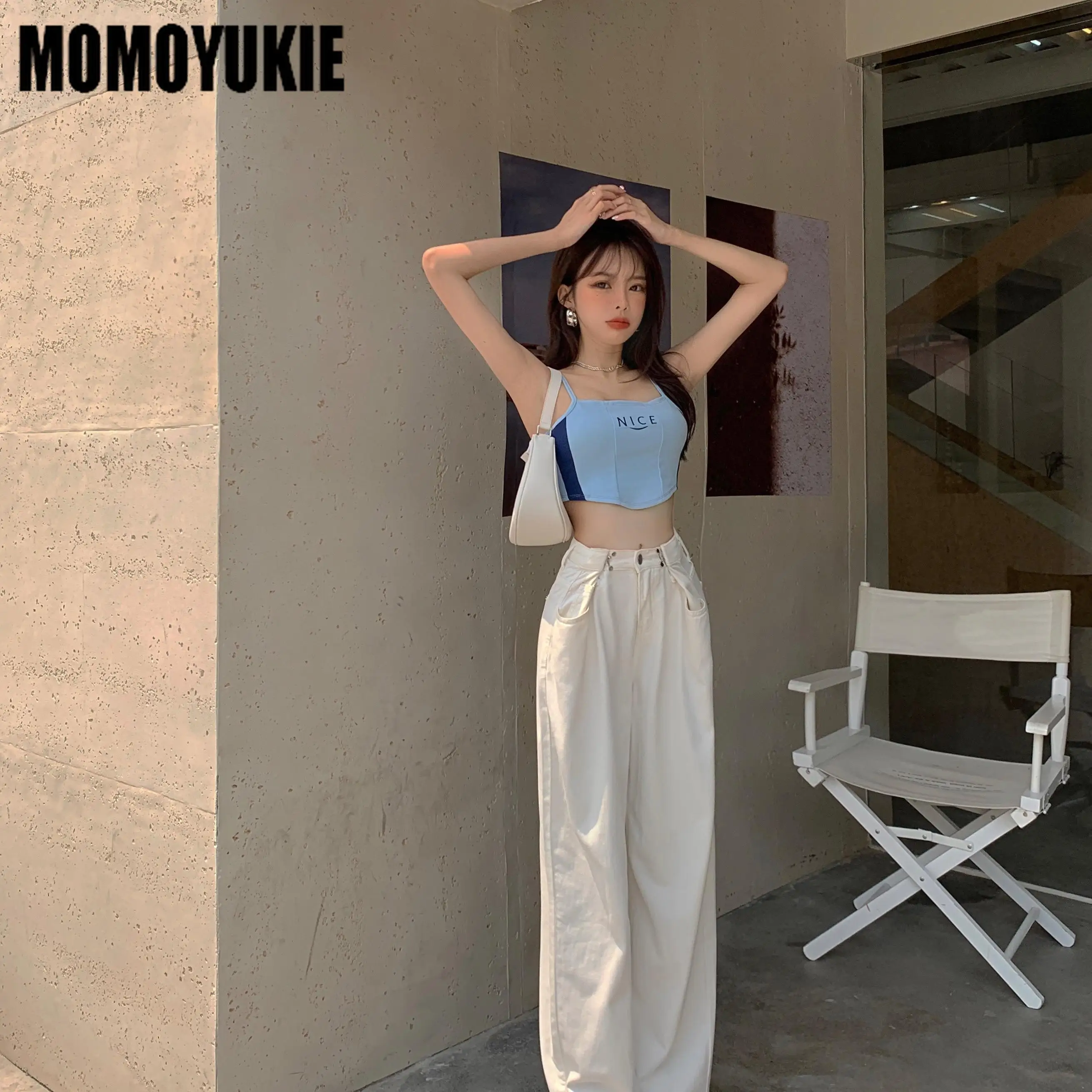 Женские джинсы с высокой талией свободные эластичные широкими штанинами