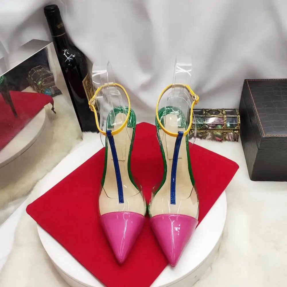 Jual Gratis Pengiriman Sepatu Wanita Fashion Seksi Renda Belakang Terbuka Wanita Sepatu Kaca PVC Transparan High Heels 12 Cm Stripper Sepatu Hak