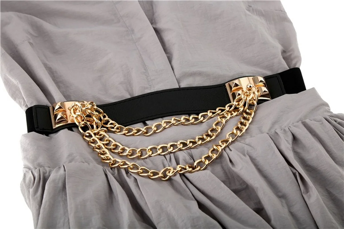 

Elastic Dress Belt For Women Rivet Metal Gold Chain Waistband Ladies Leather Female Luxury Brand Waist Punk Belt For Dresses
