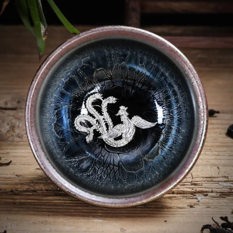 

Ceramic Tea Cup Chinese Style Coffee Mug Tianmu Glaze Inlaid with Silver Drop Kungfu Kiln Pottey Individual Master Single Teacup