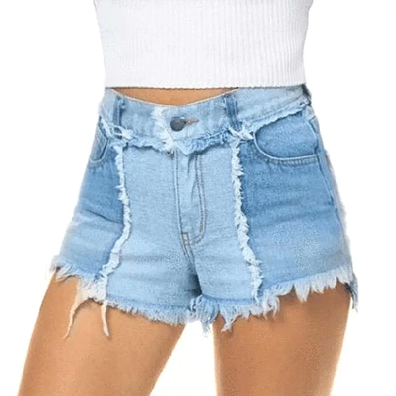

Women Blue Stitching Slim Denim Shorts Mid-Waist England Style Shorts Vintage Street Summer Streetwear Plus Size Shorts Spring