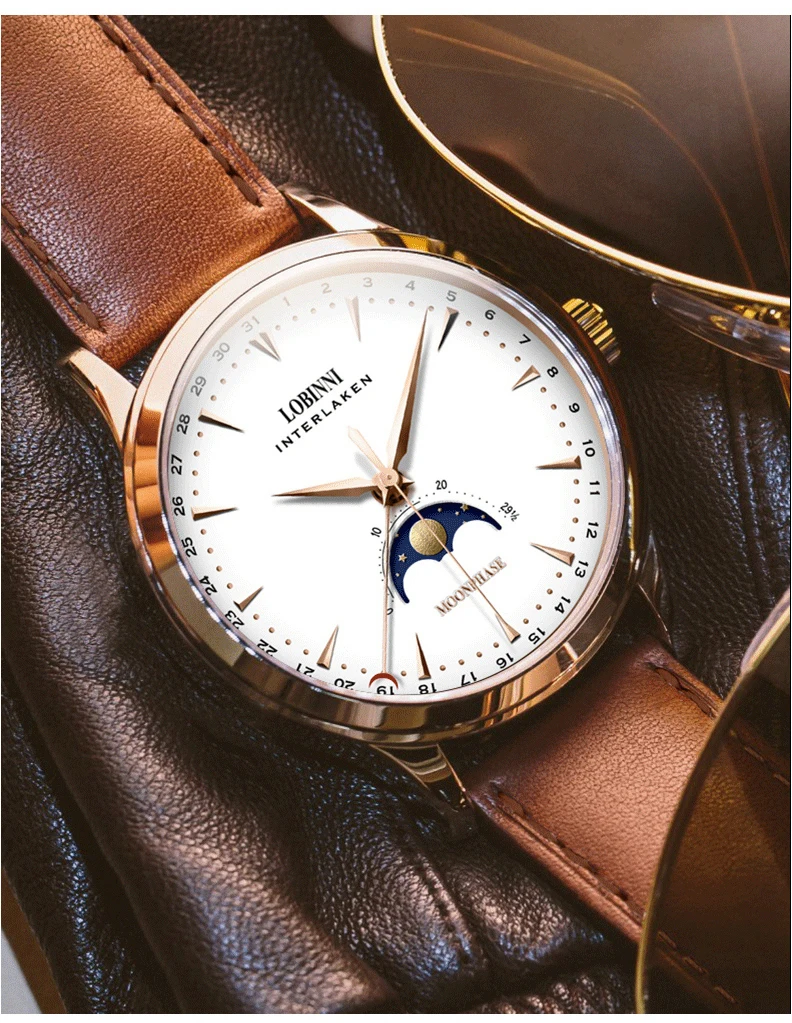 LOBINNI швейцарские мужские часы люксовый бренд Moon Phase авто механические мужские часы Сапфировая кожа relogio masculino L16012-1