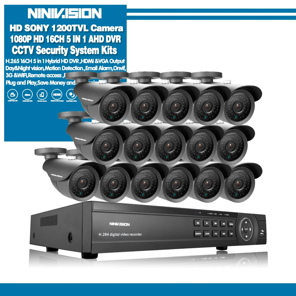 Черный NINIVISION 16-канальный видеорегистратор безопасности 1200TVL видео камера наружного наблюдения комплект 16ch AHD CCTV DVR Запись HDMI 1080P CCTV системы - Цвет: Черный