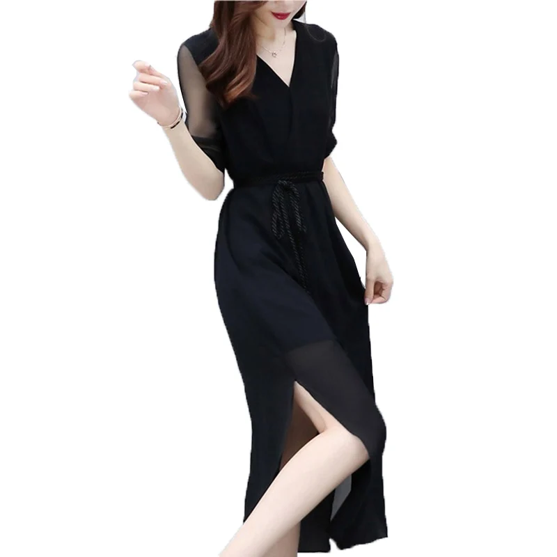 Черное шифоновое платье миди с разрезом v-образным декольте украинское модное