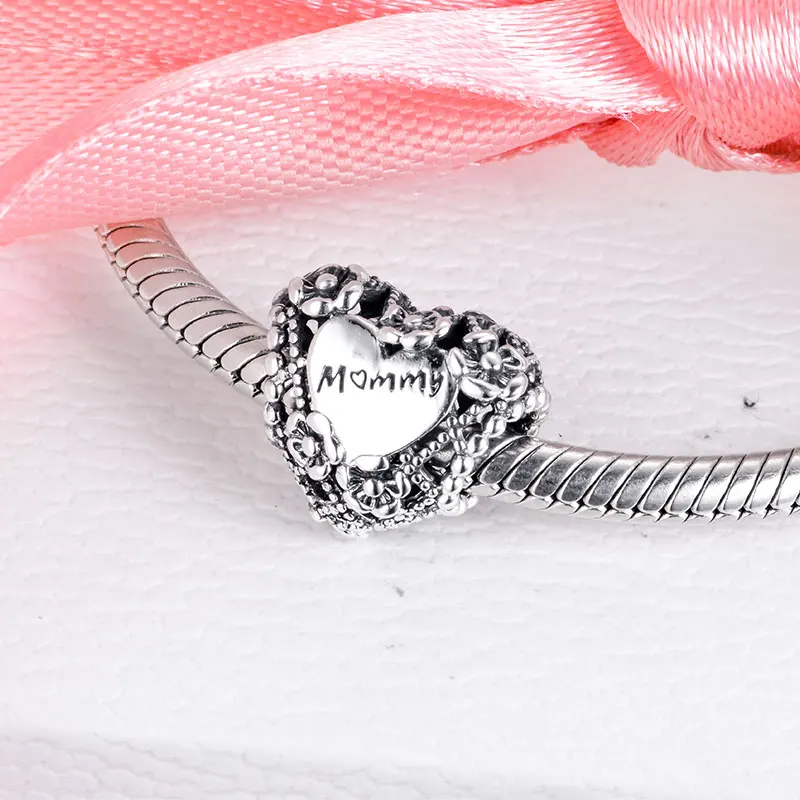 

2020 New Mother's day Openwork Flower Heart Mummy Charm 925 Sterling silver Charms fit Beads Bracelets DIY Gift For Mom Jewelry