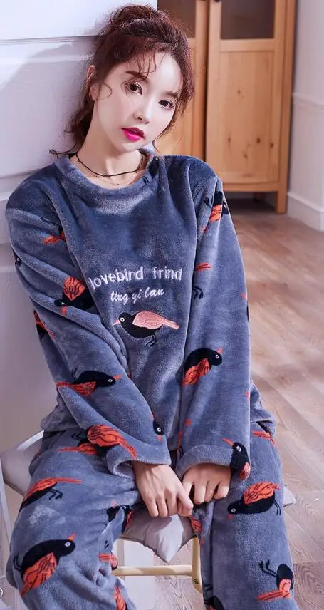 StyleK H5802 Модные женские пижамы костюм женский уплотненная фланель осень зима длинный рукав коралловый плюш Корейская Ночная сорочка - Цвет: StyleK