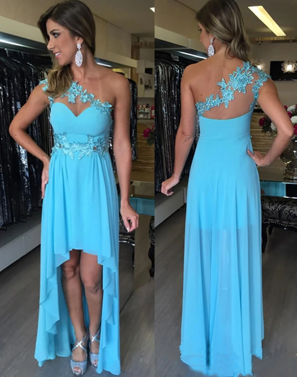 

One-Shoulder Backless Chiffon Evening Dress A Line Formal Dresses Applique Custom New Prom Party Gown Plus Size Sleeveless