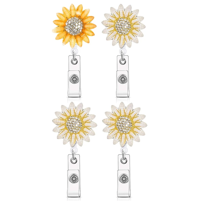 

2 Pcs Crystal Rhinestone Sunflower Badge Reel Retractable Badge Clip for Decoration Supplies