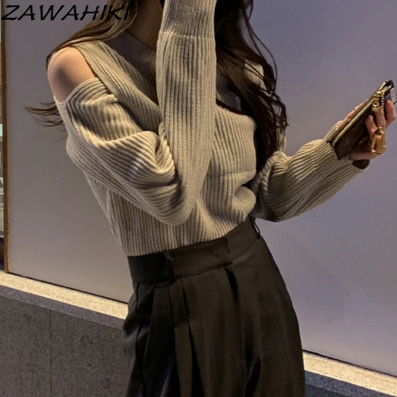 

ZAWAHIKI O-neck Korean Autumn Layered Spliced Exposed Skin Asymmetric Sweater Female Design Sense Solid Long Sleeve Striped Tops