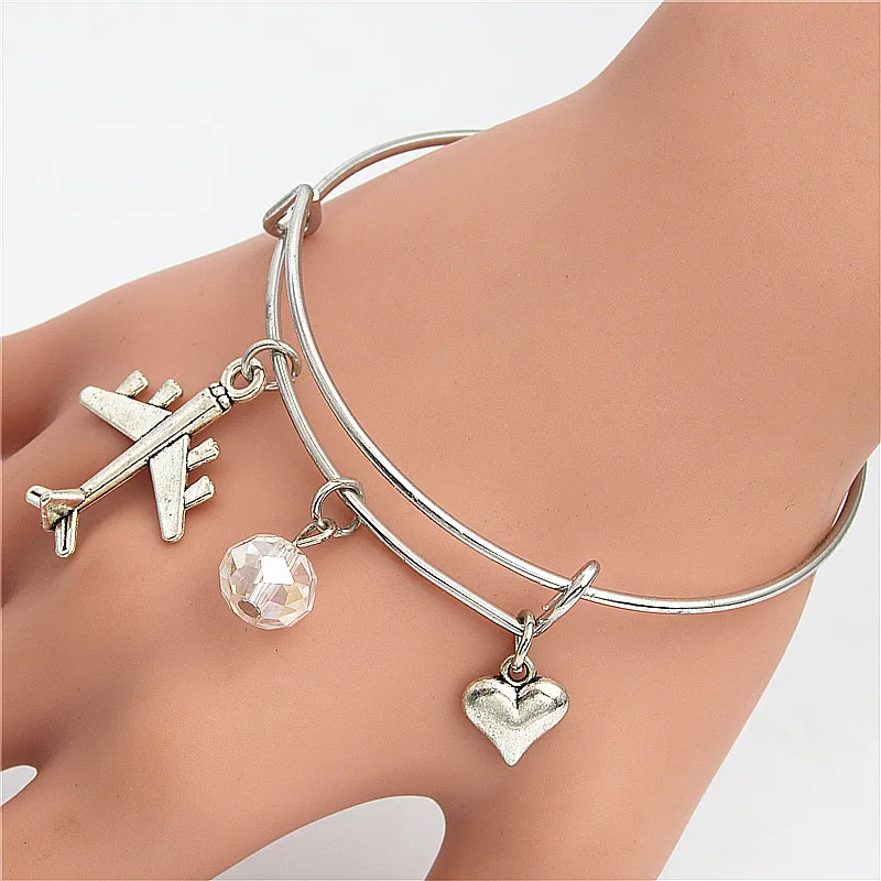 1pc Airplane Bangle With Beads Heart Charms Plane Bracelet Travel Jewelry For Pilot Gift E2193 | Украшения и аксессуары