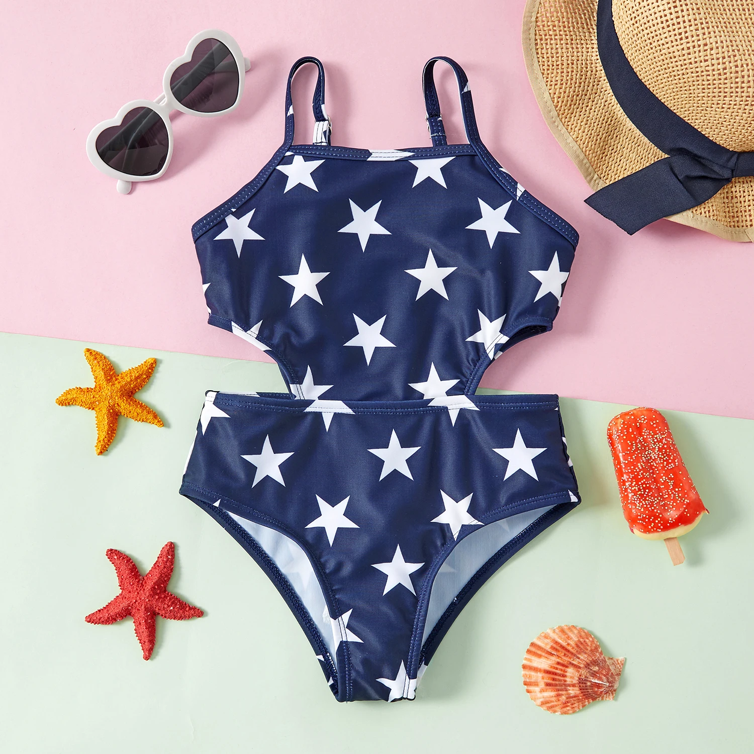 

PatPat 2021 New Summer Beautiful Toddler Girl Dark Blue Star Print Swimsuit