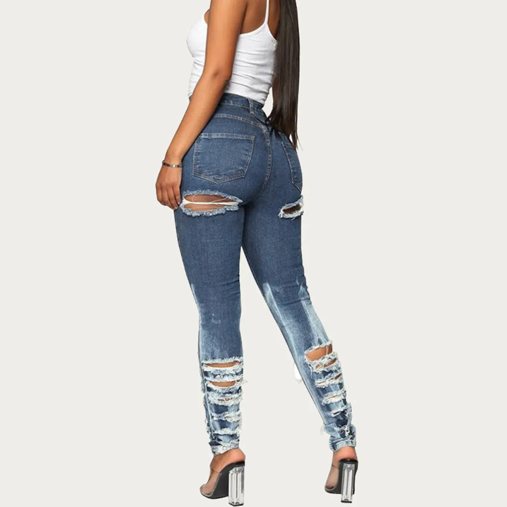 Женские Эластичные отбеленные джинсы с карманами повседневные облегающие