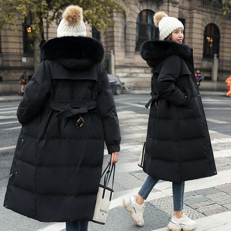 Winter Women Large Fur Collar Down Long Jacket with Belt Casual Hood Thicken Warm Parkas Coat 2021 White Duck Down Slim Outwear