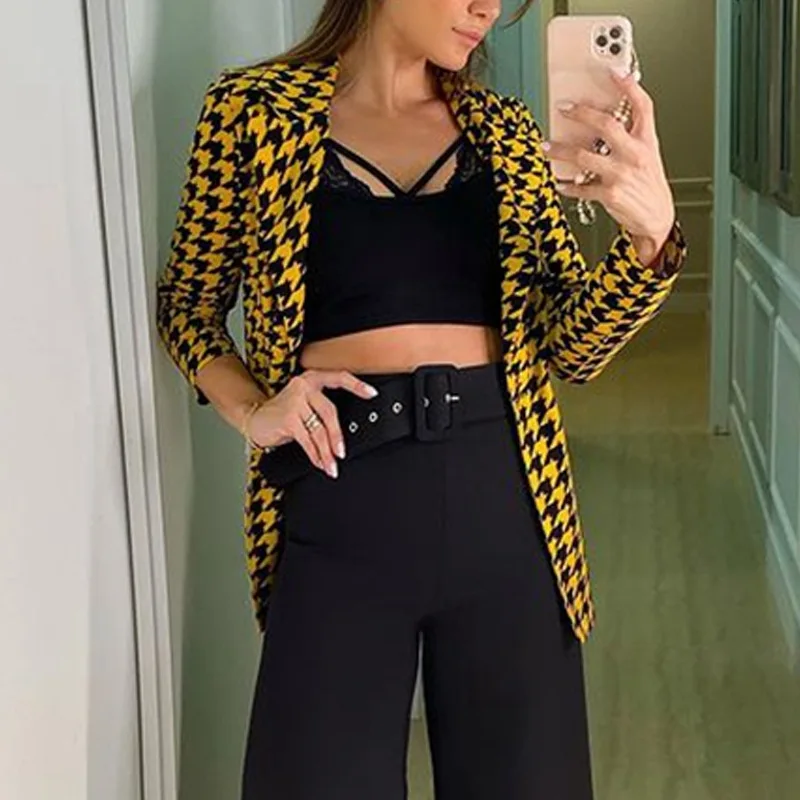

High Quality Women Blazer Coat Spring Autumn New Fashion 2021 Designer Blazer Jacket Metal Lion Buttons Plaid Blazer Outer