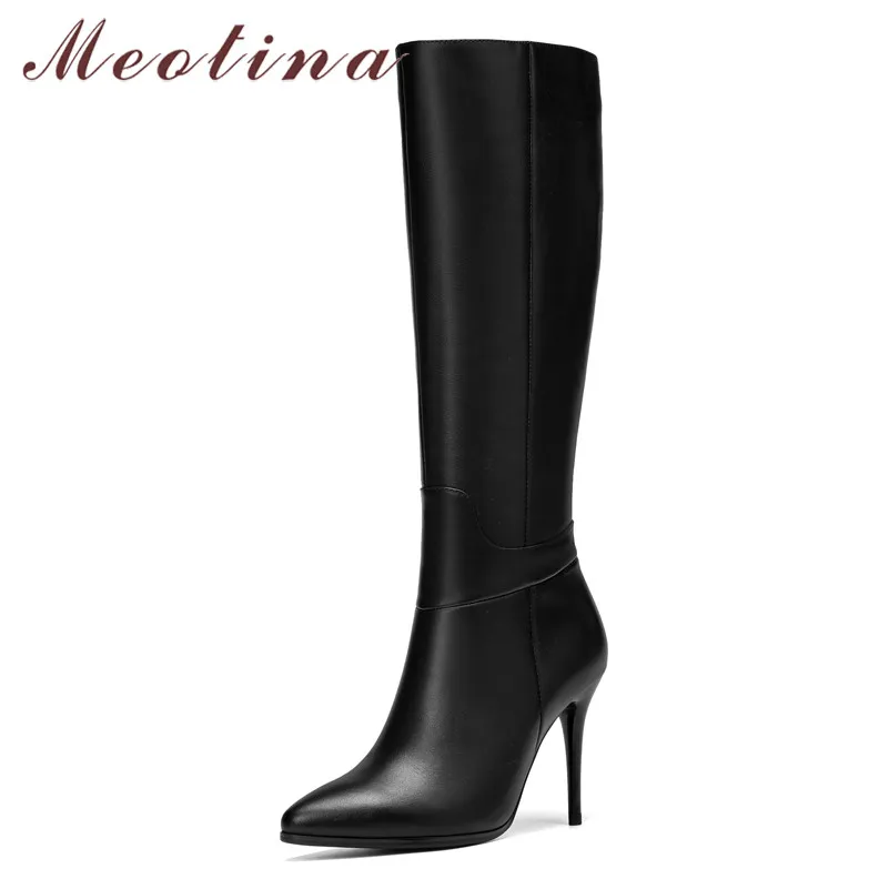 

Meotina Winter Knee High Boots Women Natural Genuine Leather Thin Heel Long Boots Zipper Super High Heel Shoes Ladies Fall 34-39