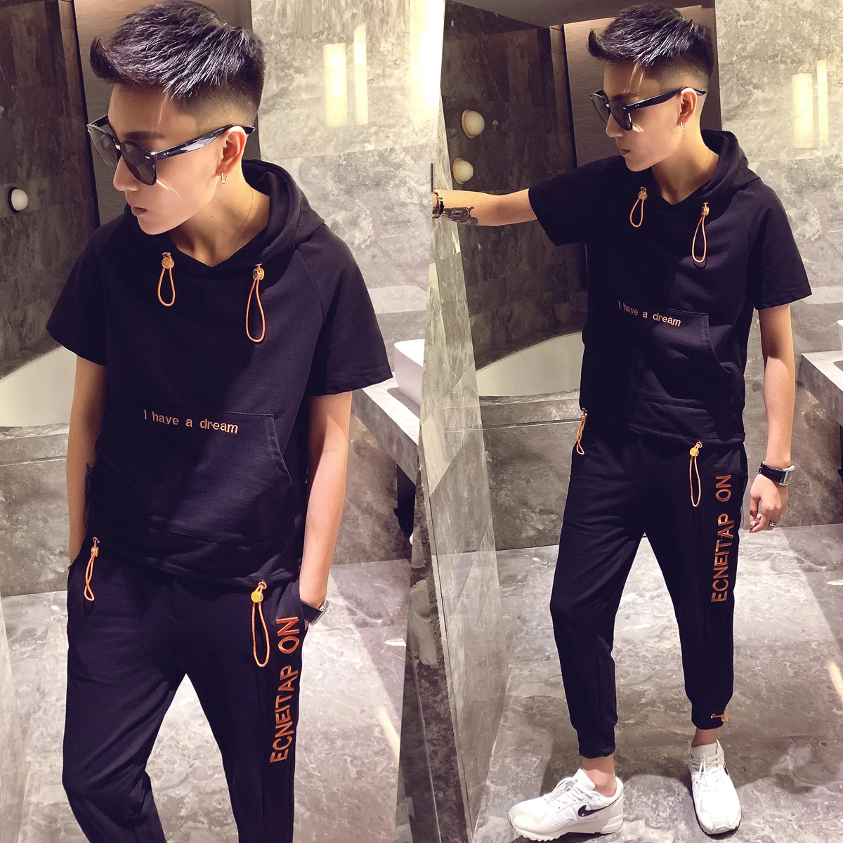 Print Track 2 Pieces Causal Hip Hop Set Short Sleeve T-shirt + Pant Moda Hombre Sweat Suit 2020 Spring Tracksuit Men | Мужская одежда