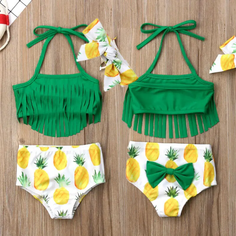

0-2T Summer Newborn Baby Girls Kid Bikini Tassels Swimwear Pineapple Print Halter Bandage Swimsuit Headhand Bathing Beachwear