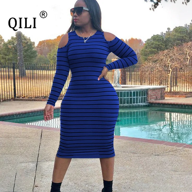 

QILI Cold Shoulder Long Sleeve Women Dress Horizontal Stripes Mid-Calf Pencil Dresses Red Blue Gray Lady Autumn Wear