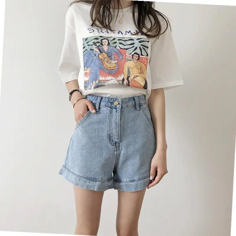 100% хлопок Ретро стиль с рисунком женские летние футболки из хлопка круглым