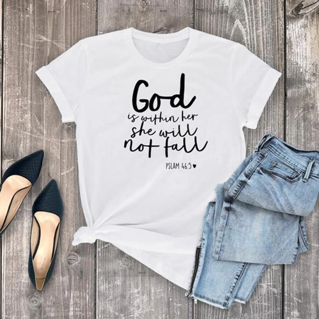 Женская футболка с буквенным принтом Повседневная круглым вырезом и короткими