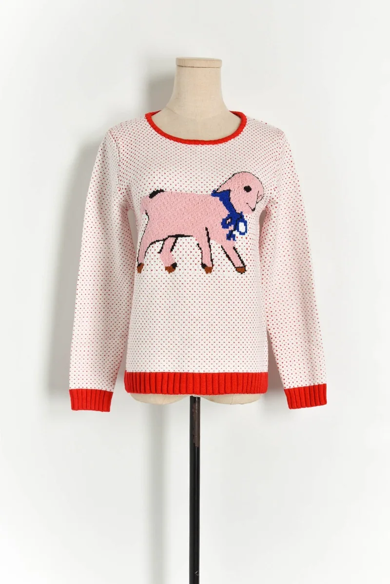 Cute Women knit Sweater 2019 Autumn Winter Cartoon Dog Jacquard Polka Dot Round Neck Knit Top Pullover Casual Jumper | Женская одежда