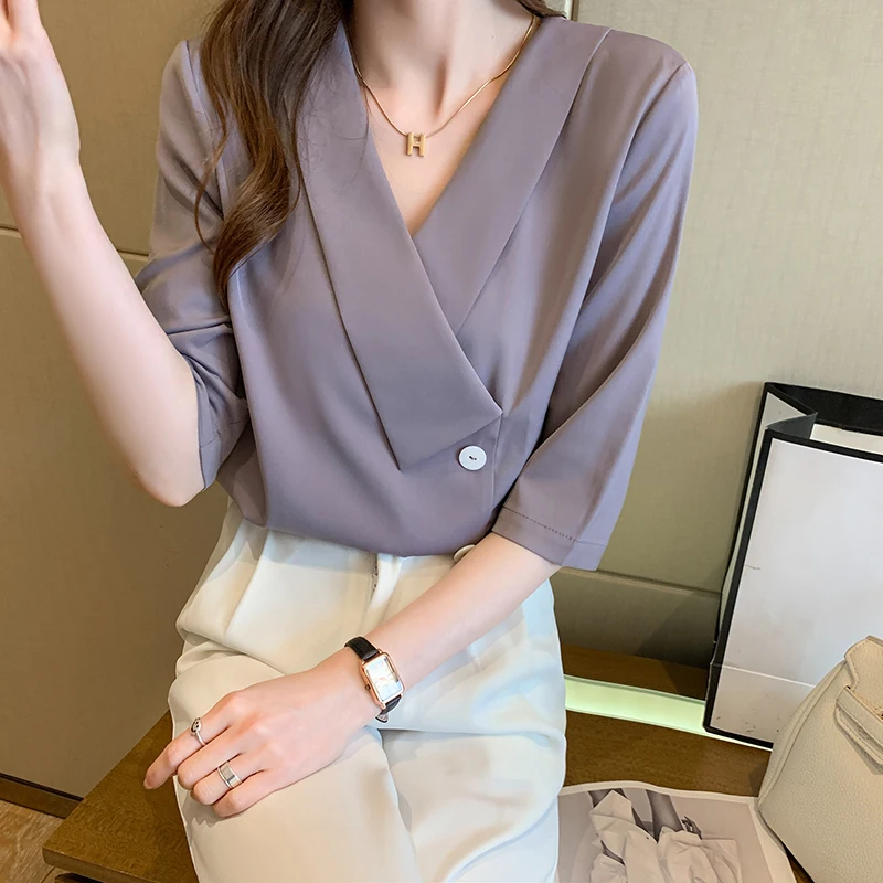 

Houthion Chiffon Slim Women's Blouses New Casual Blouse Fashion Half Sleeve Top Buttons Solid Color V-neck Shirt Summer