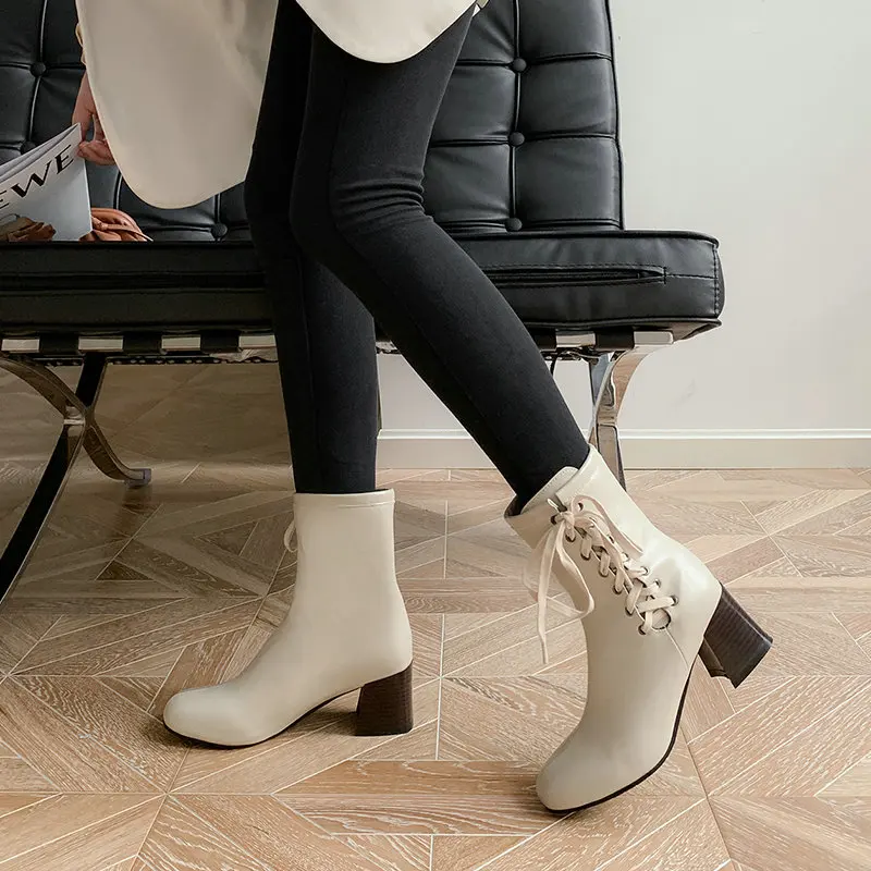 

2021 New Lace Up PU Leather Ankle Boots Autumn Winter Square Heel Women Shoes Round Toe Fashion Ladies Shoes Big Size 34-43