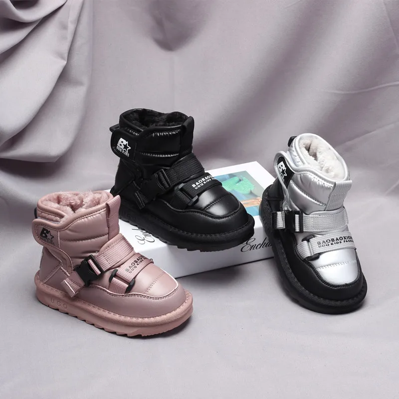 

Children's Snow Boots Thickened Cotton-padded Boots Winter New Children's Waterproof Short Boots Black Grey Pink Color Shoes