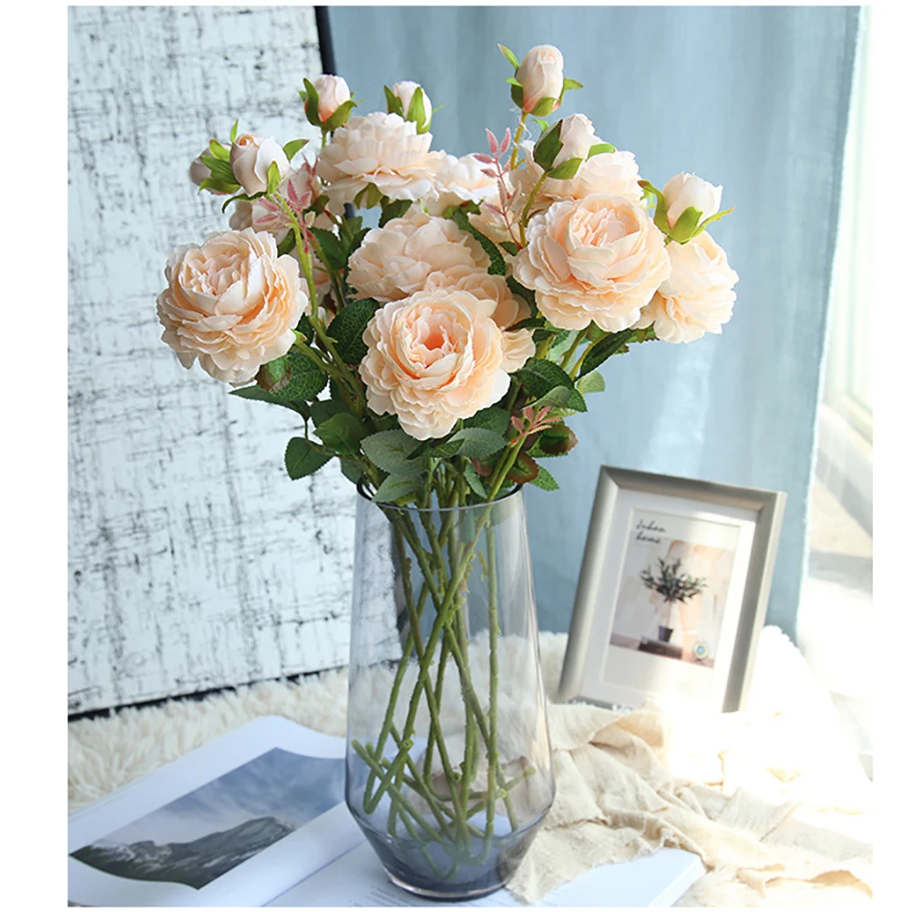 

61cm Long European Artificial Flower 3 Head Home Silk Peony Wedding Flower Foreign Rose Decorative Flower Party Decor 1pcs